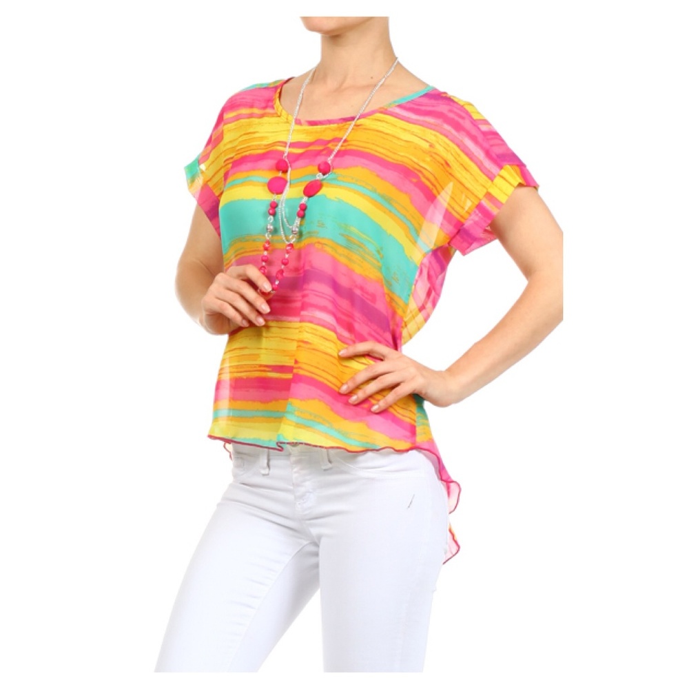Women's Rainbow Color Striped Hi-Lo Hem Blouse Top - Picture 2 of 8